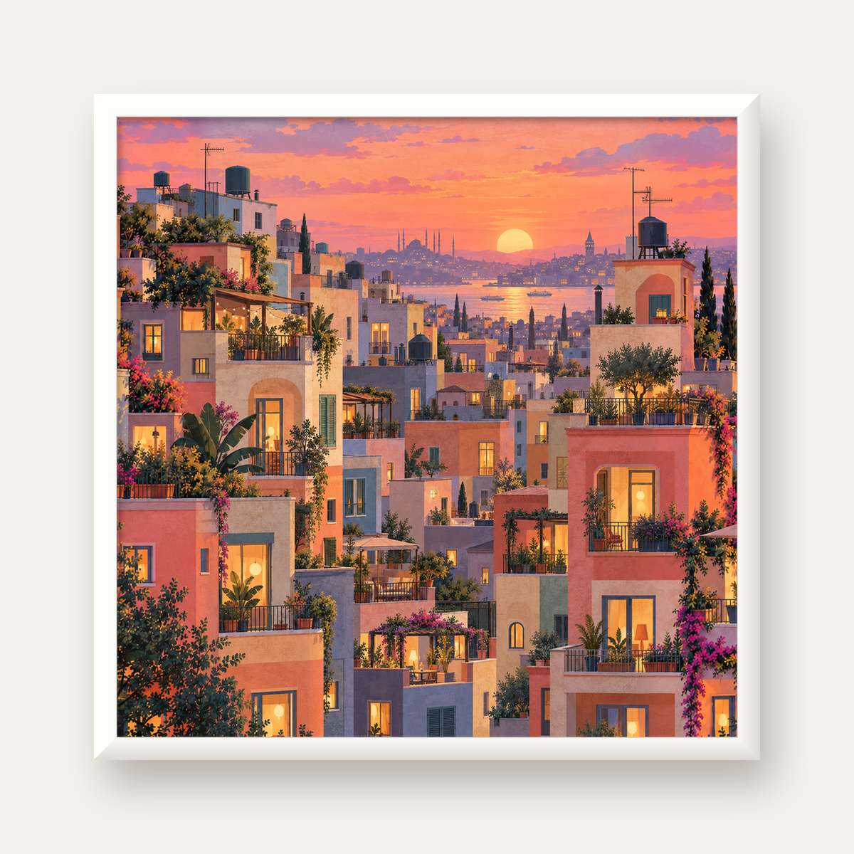 Gün Batımında Apartman Terasları — beyaz çerçeveli kare poster