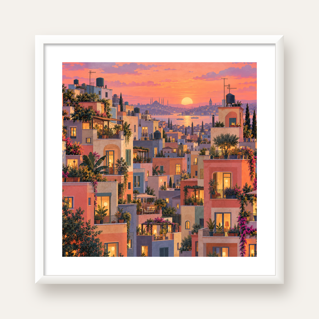 Gün Batımında Apartman Terasları — beyaz çerçeveli kare poster
