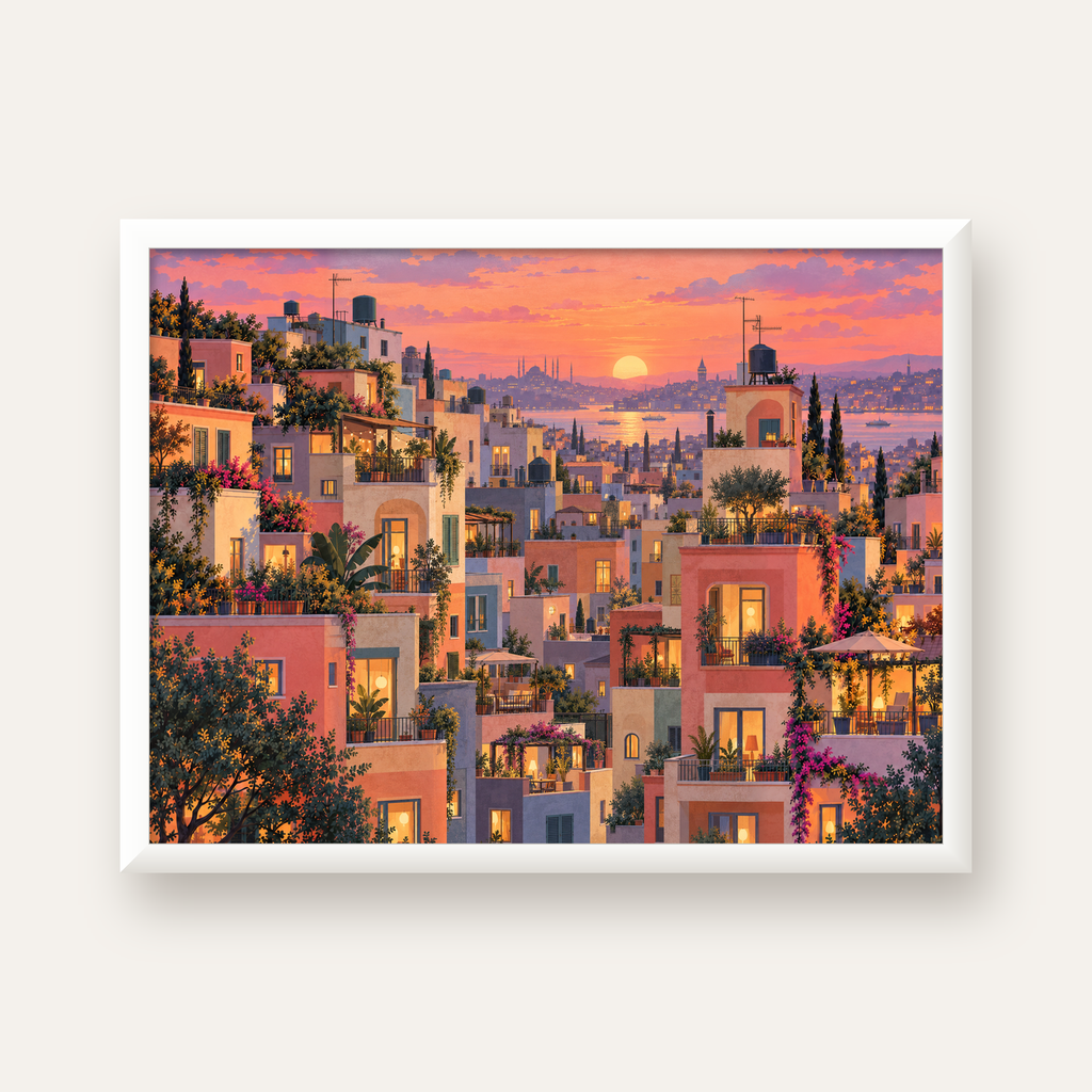 Gün Batımında Apartman Terasları — beyaz çerçeveli yatay poster