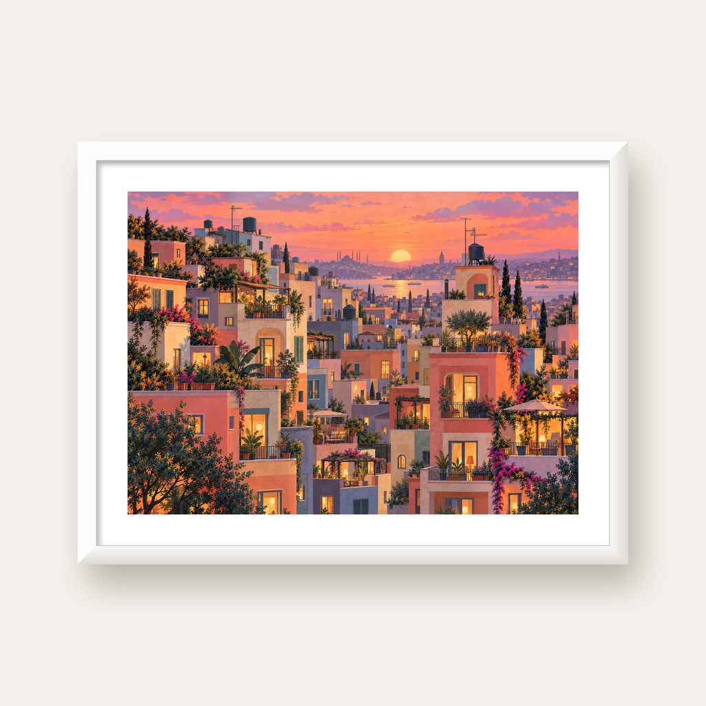 Gün Batımında Apartman Terasları — beyaz çerçeveli yatay poster