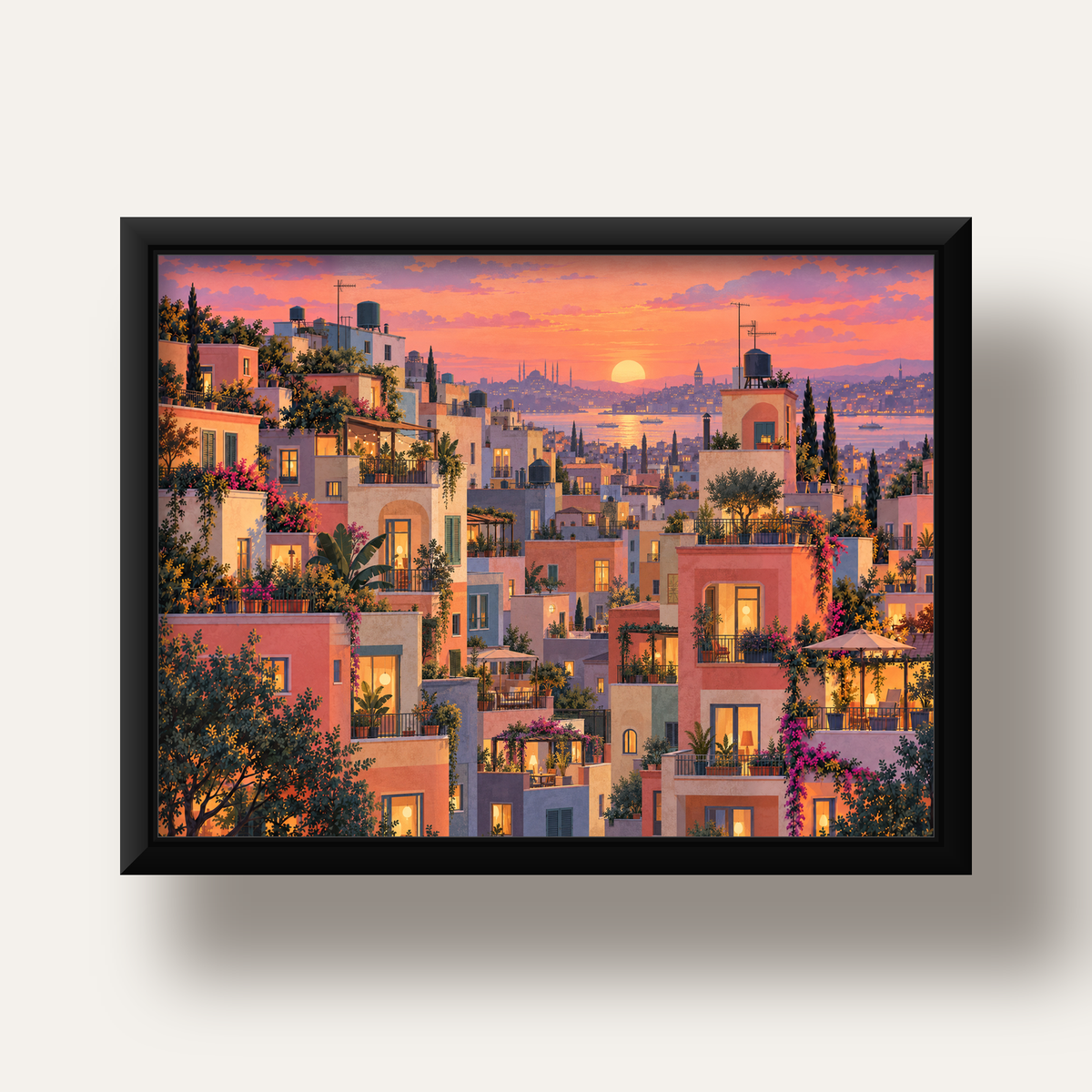 Gün Batımında Apartman Terasları — siyah derin çerçeveli
