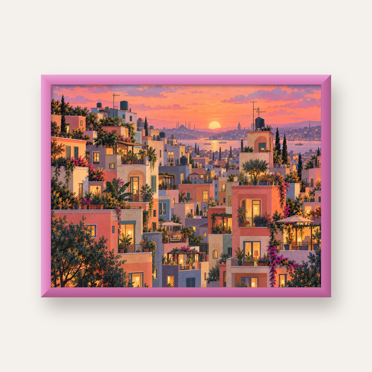 Gün Batımında Apartman Terasları — pembe çerçeveli
