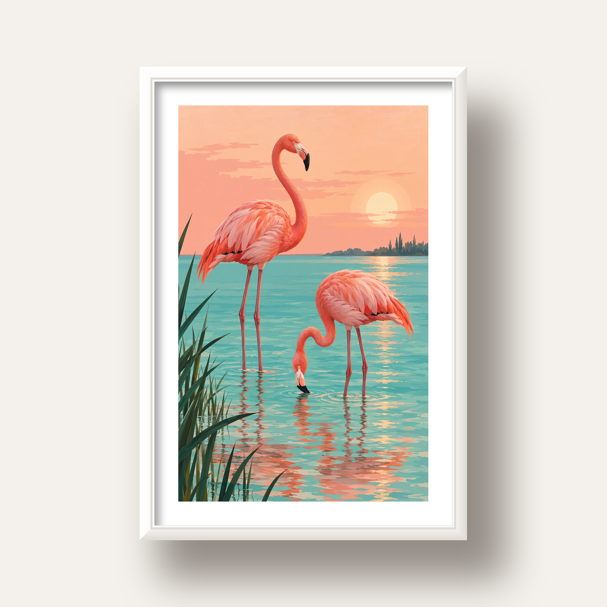 Gün Batımında Flamingolar Manzara Poster, Modern Duvar Decor — beyaz derin çerçeveli paspartulu