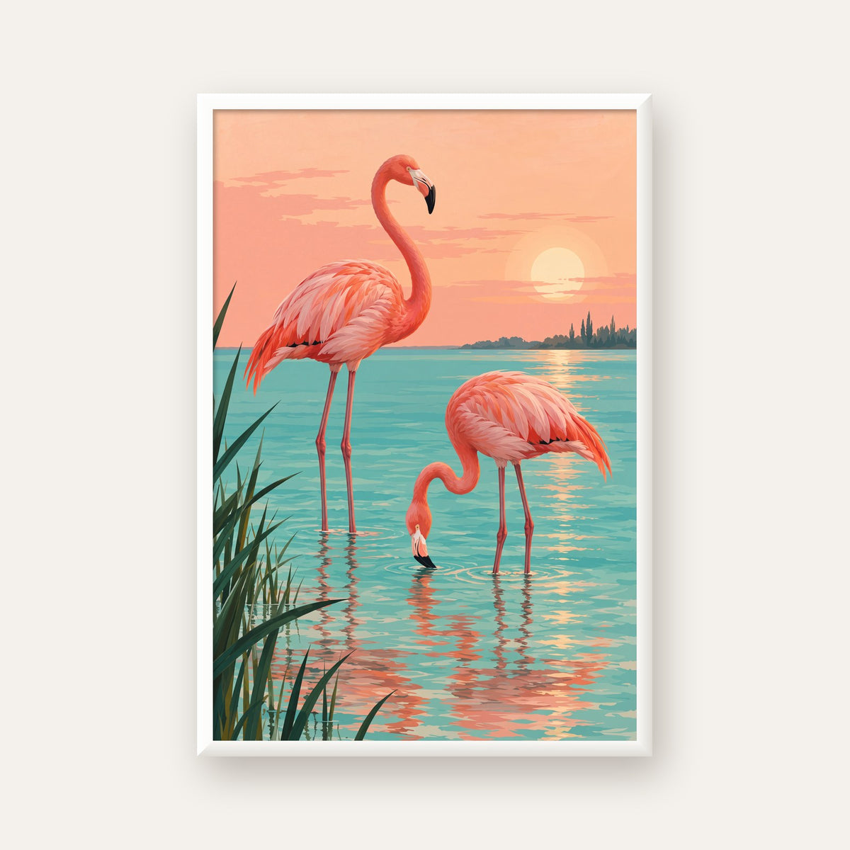 Gün Batımında Flamingolar Manzara Poster, Modern Duvar Decor — beyaz çerçeveli dikey poster