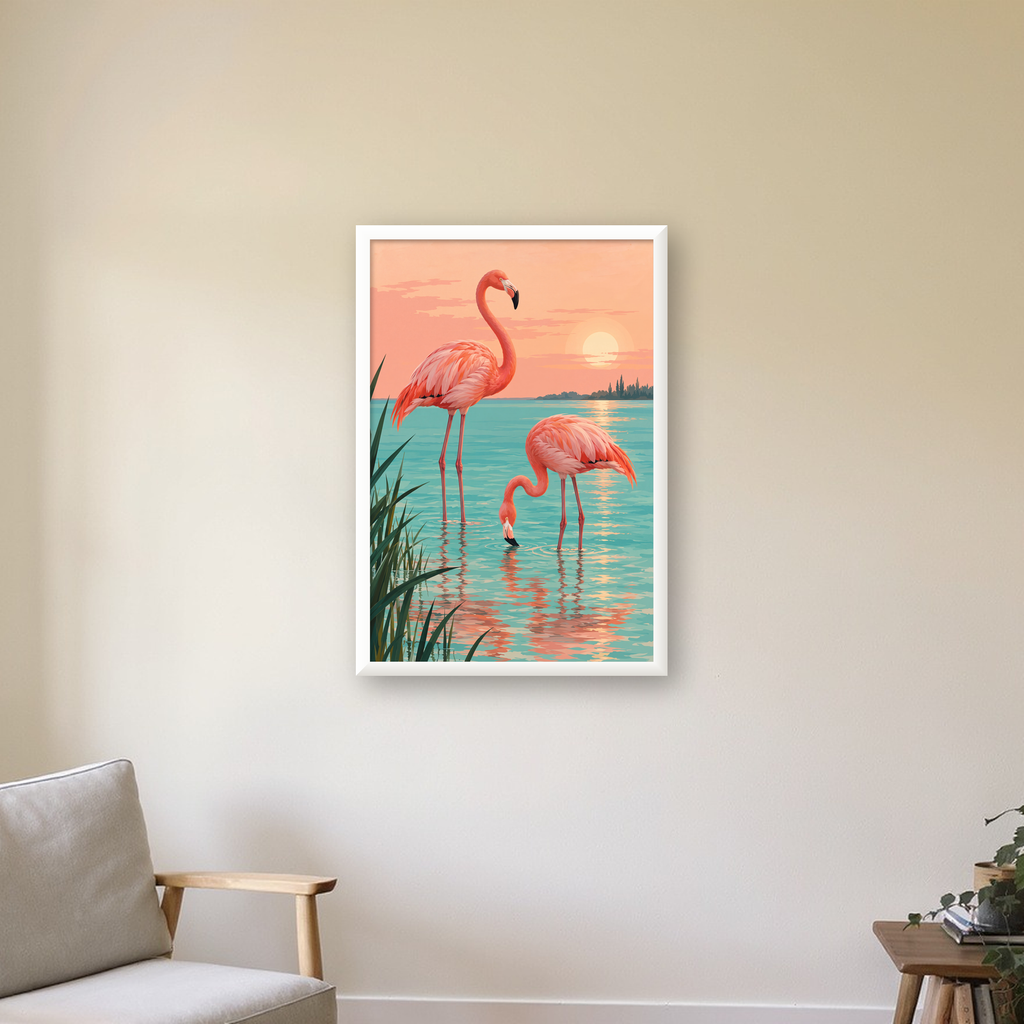 Gün Batımında Flamingolar Manzara Poster, Modern Duvar Decor — beyaz çerçeveli dikey poster