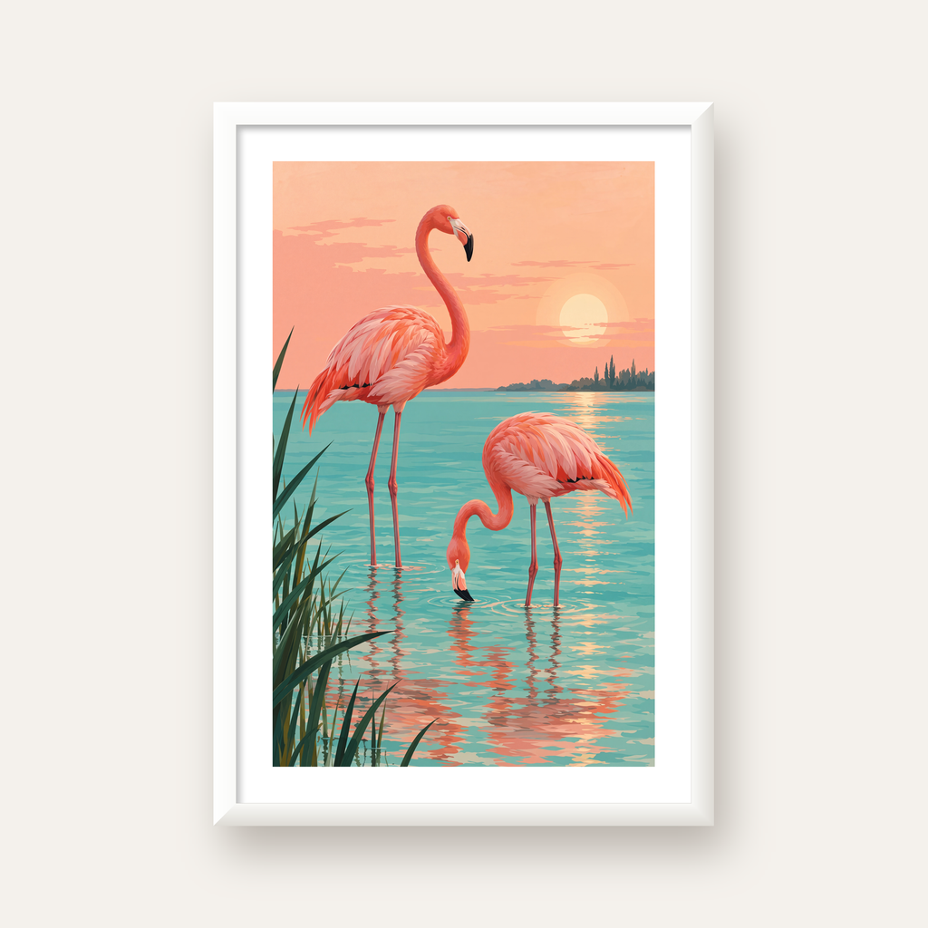 Gün Batımında Flamingolar Manzara Poster, Modern Duvar Decor — beyaz çerçeveli dikey poster