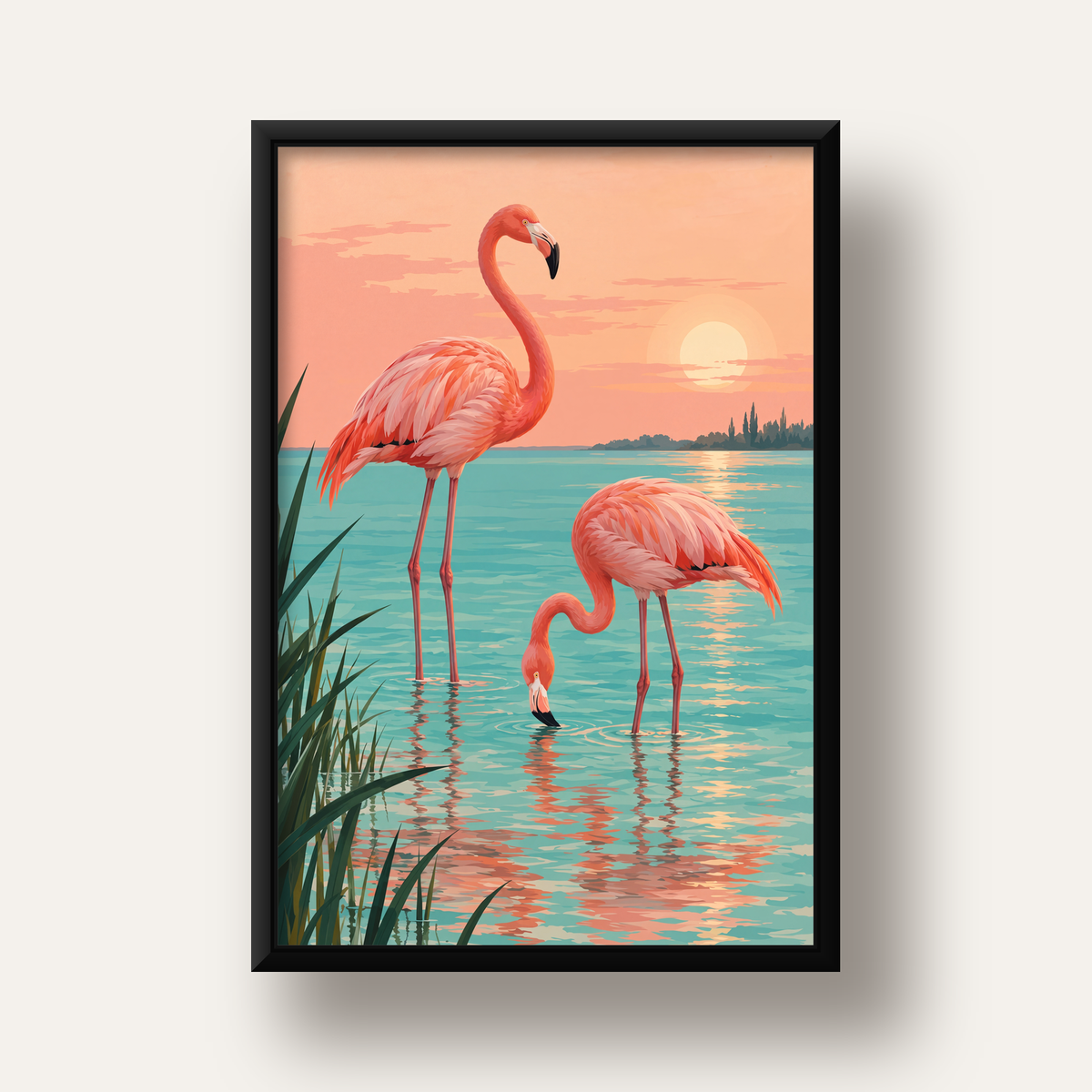 Gün Batımında Flamingolar Manzara Poster, Modern Duvar Decor — siyah derin çerçeveli