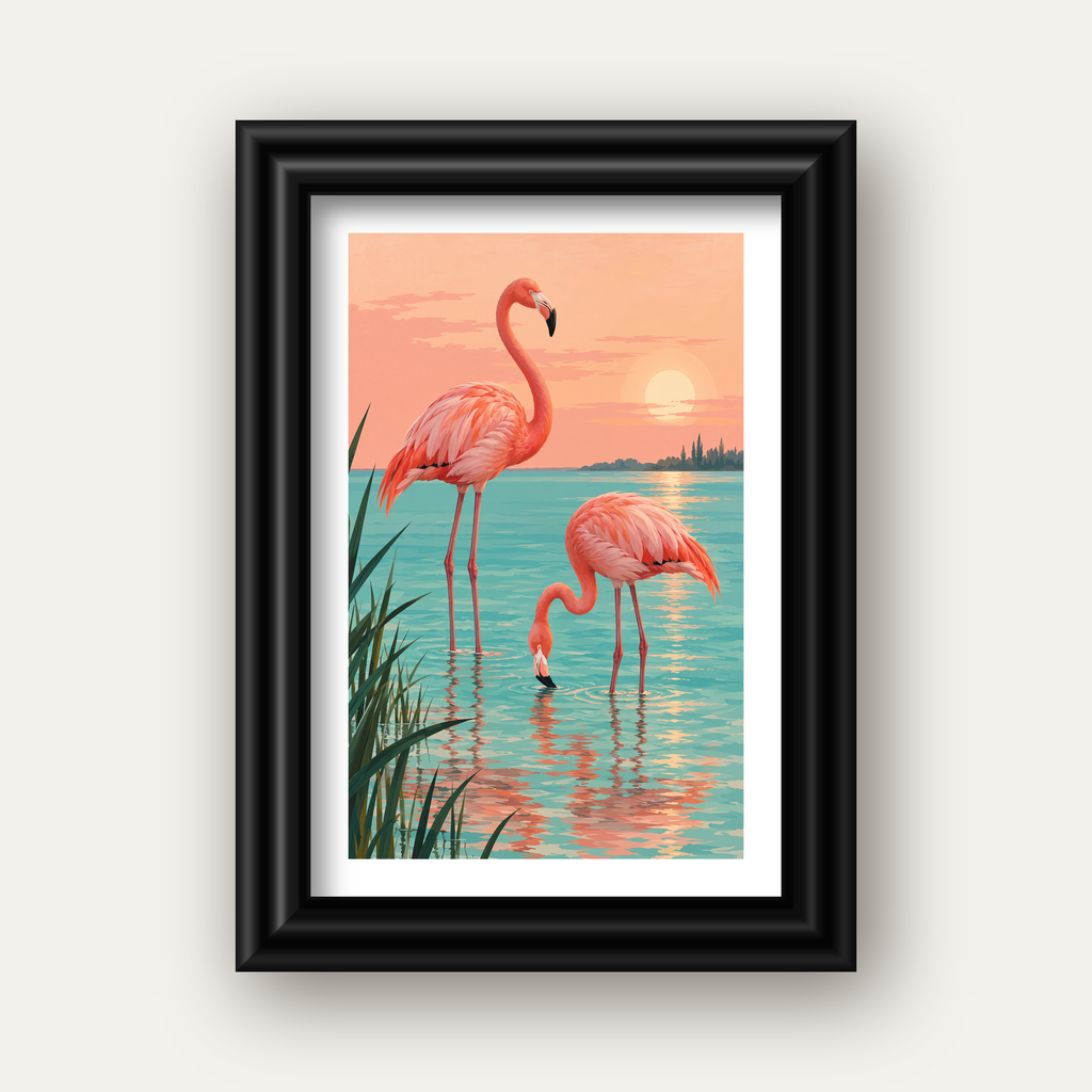 Gün Batımında Flamingolar Manzara Poster, Modern Duvar Decor — siyah galeri çerçeveli paspartulu