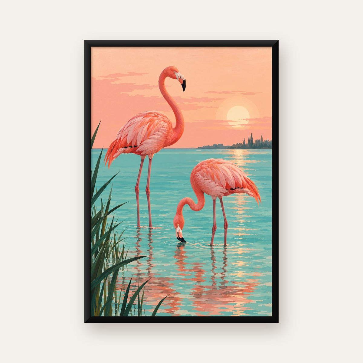 Gün Batımında Flamingolar Manzara Poster, Modern Duvar Decor — Dikey baskı, düz siyah çerçeveli duvar posteri