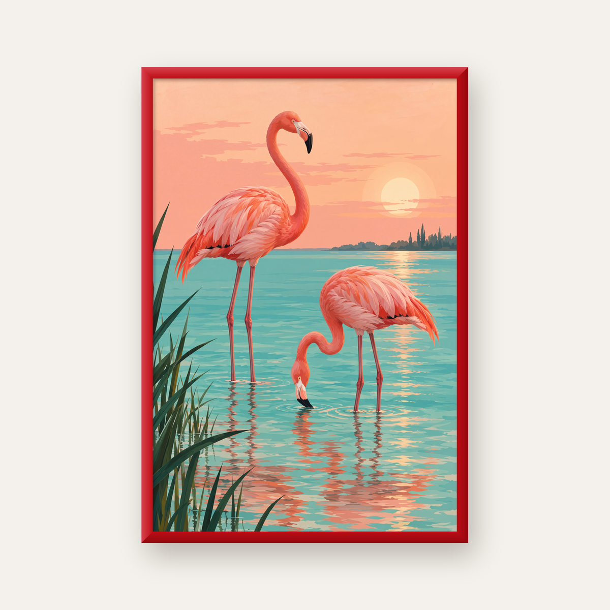 Gün Batımında Flamingolar Manzara Poster, Modern Duvar Decor — kırmızı çerçeveli