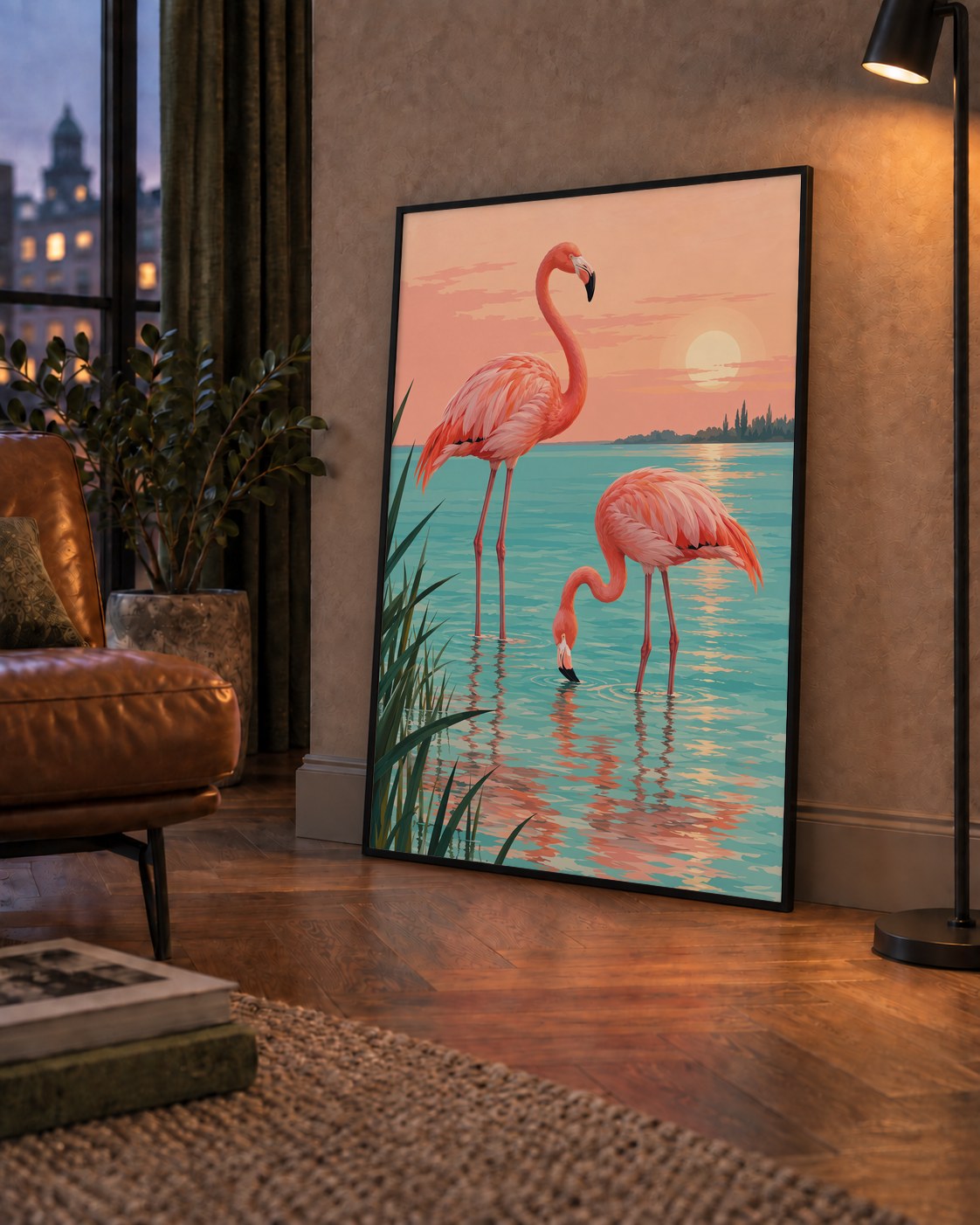 Gün Batımında Flamingolar Manzara Poster, Modern Duvar Decor — çerçeveli hâliyle bir ev duvarında