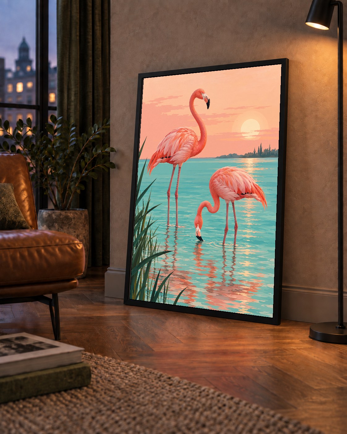 Gün Batımında Flamingolar Manzara Poster, Modern Duvar Decor