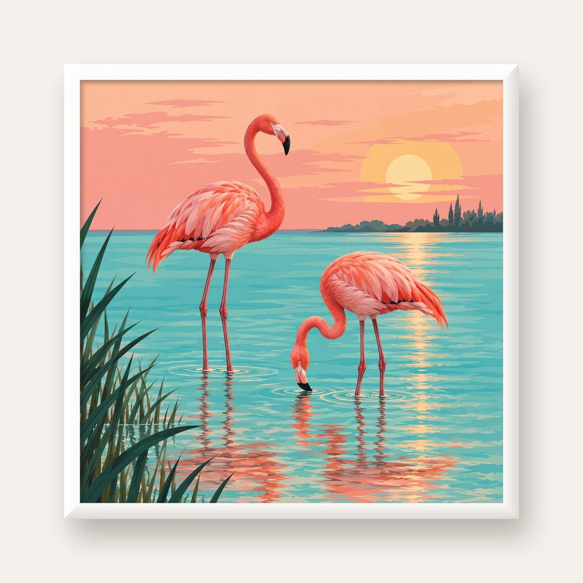 Gün Batımında Flamingolar Manzara Poster, Modern Duvar Decor — beyaz çerçeveli kare poster