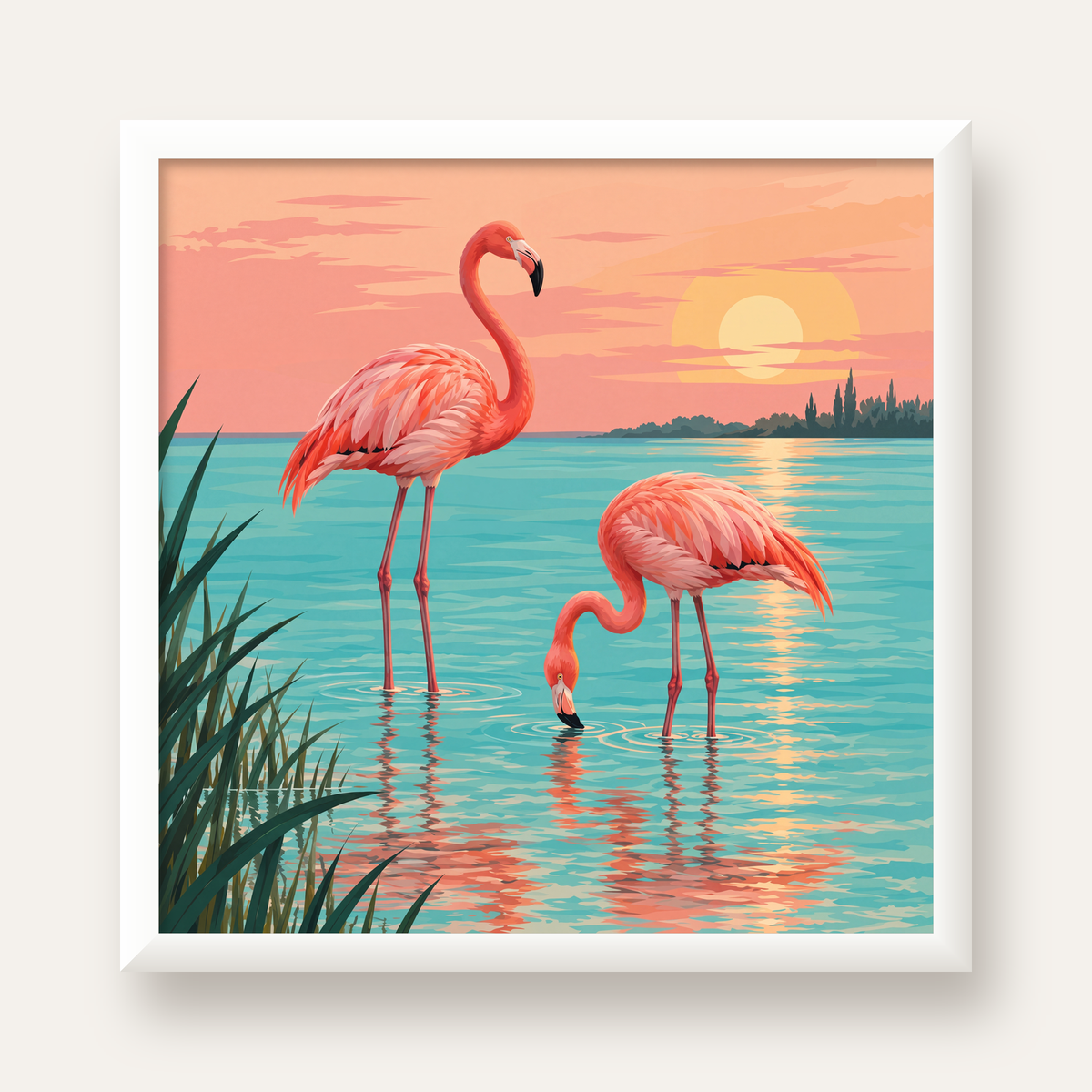 Gün Batımında Flamingolar Manzara Poster, Modern Duvar Decor — beyaz çerçeveli kare poster
