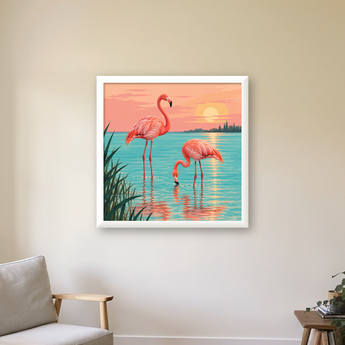 Gün Batımında Flamingolar Manzara Poster, Modern Duvar Decor — beyaz çerçeveli kare poster