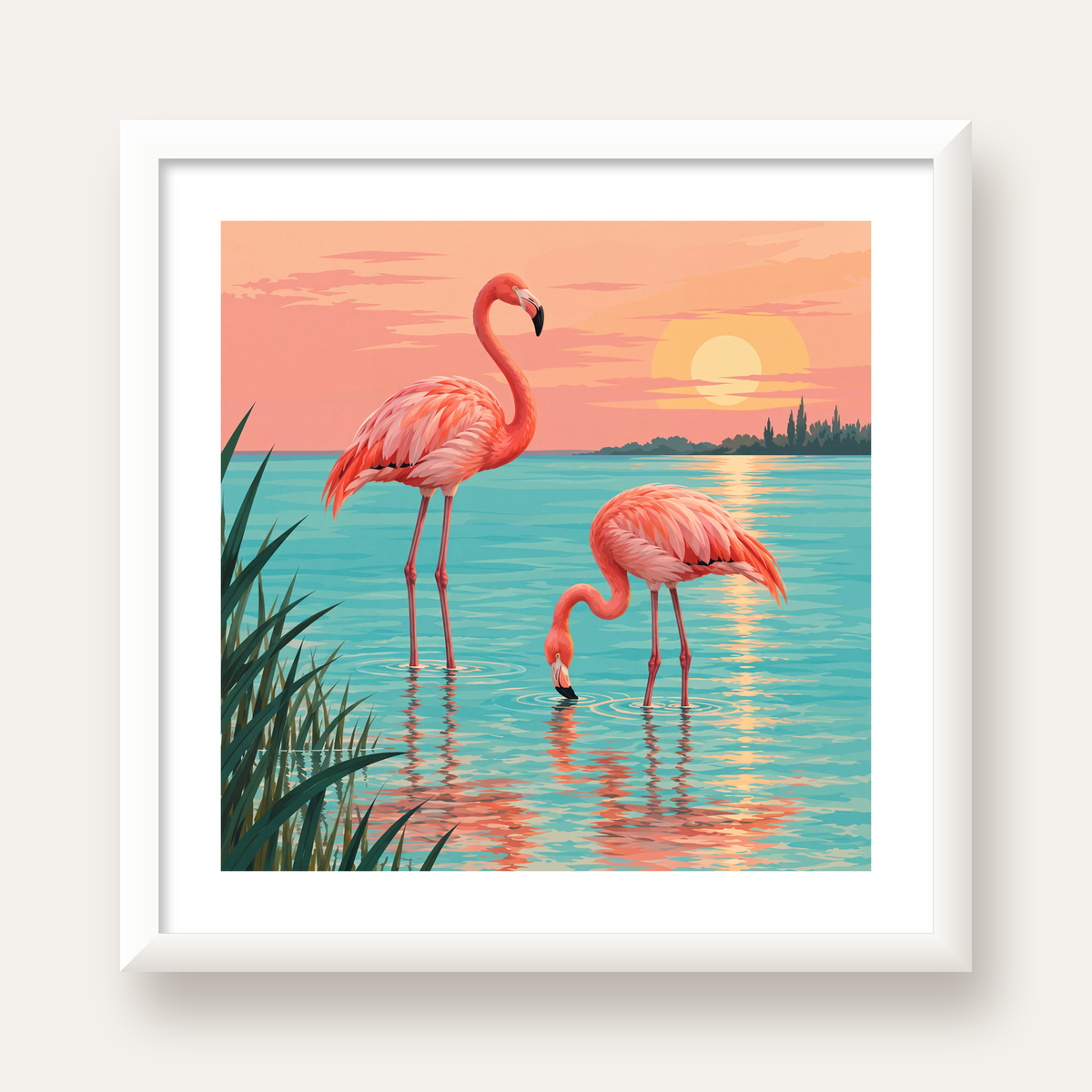 Gün Batımında Flamingolar Manzara Poster, Modern Duvar Decor — beyaz çerçeveli kare poster