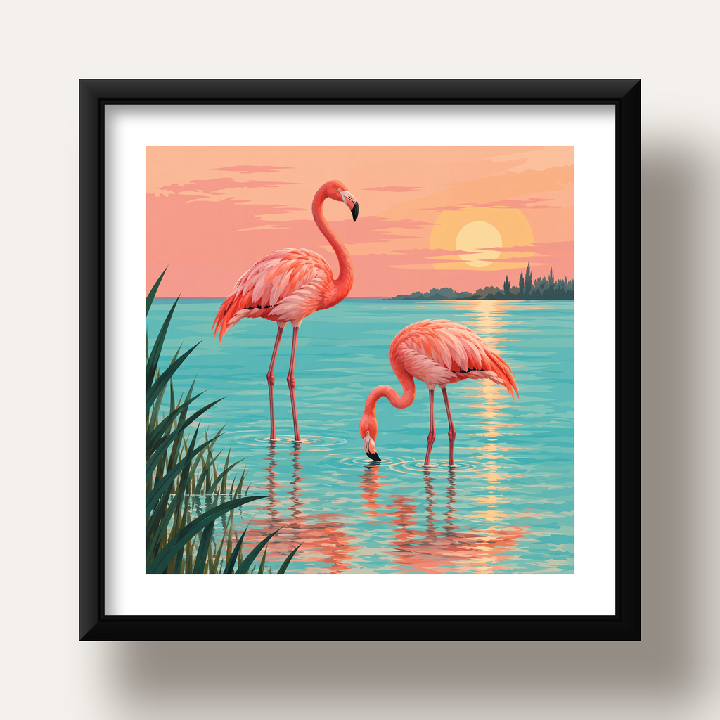 Gün Batımında Flamingolar Manzara Poster, Modern Duvar Decor — siyah derin çerçeveli paspartulu