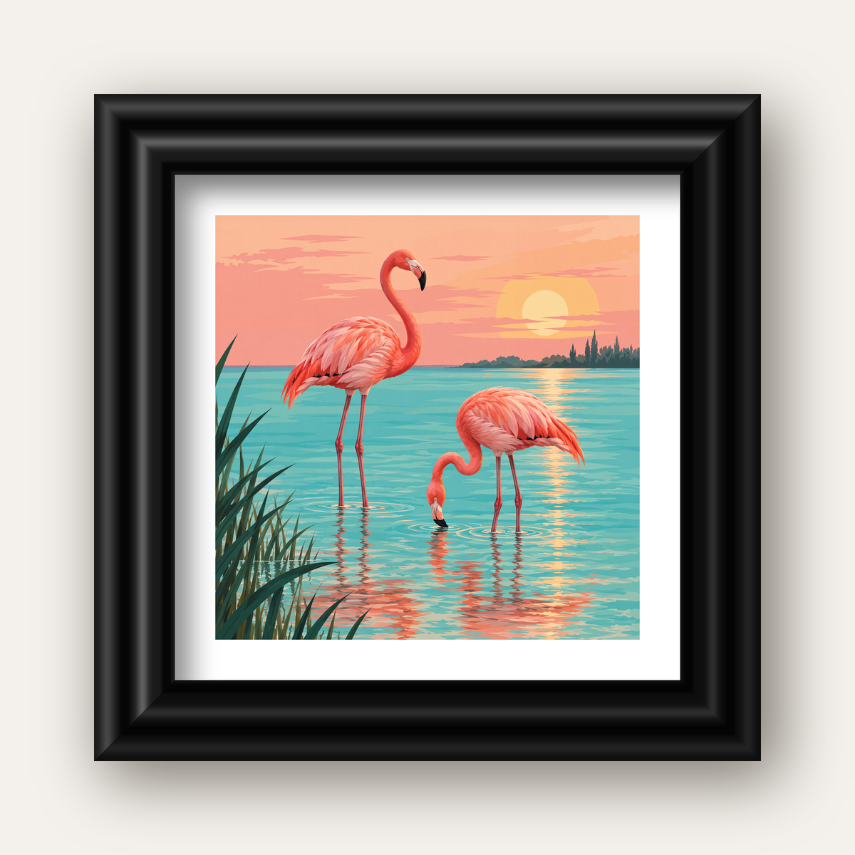 Gün Batımında Flamingolar Manzara Poster, Modern Duvar Decor — siyah galeri çerçeveli paspartulu