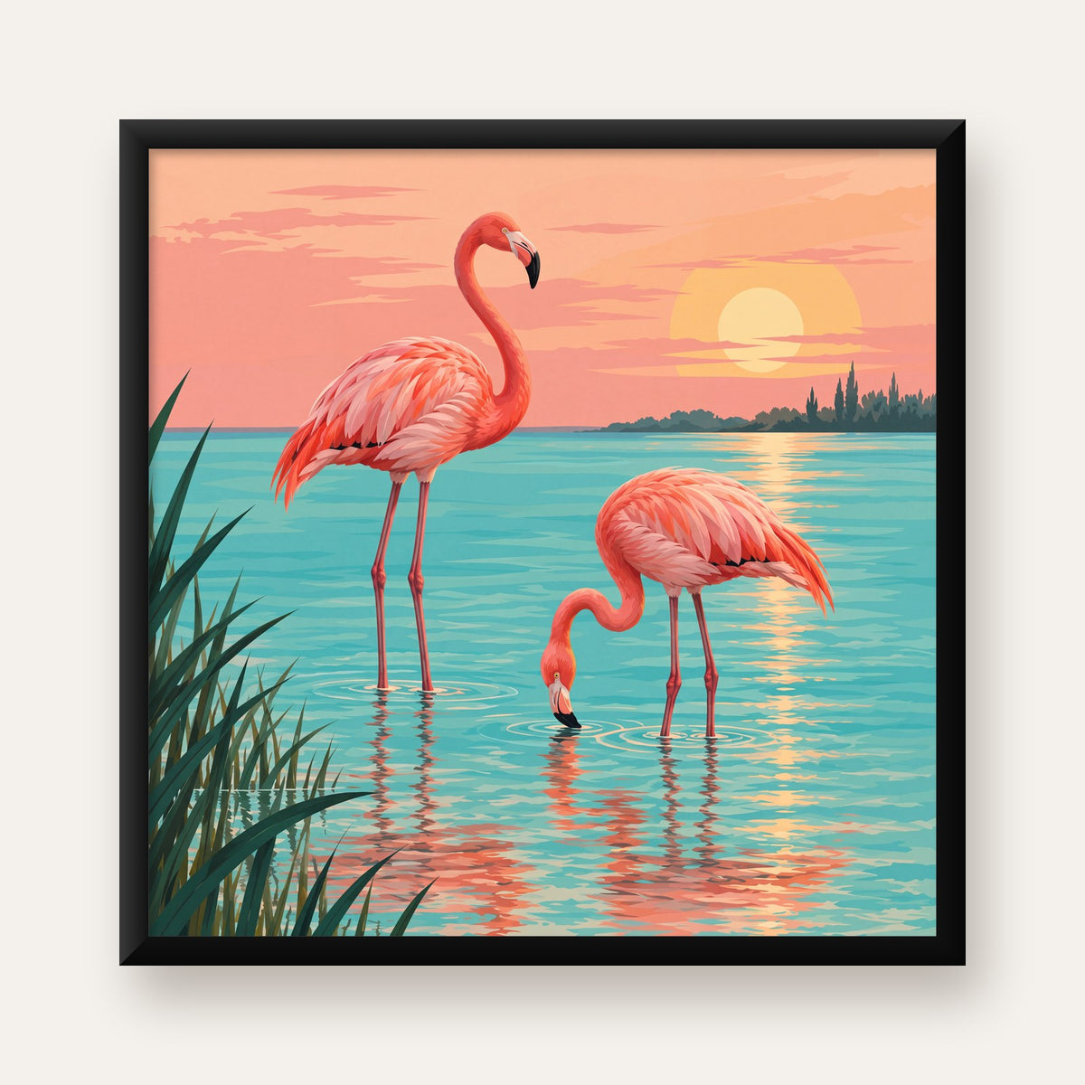 Gün Batımında Flamingolar Manzara Poster, Modern Duvar Decor — Kare baskı, düz siyah çerçeveli duvar posteri