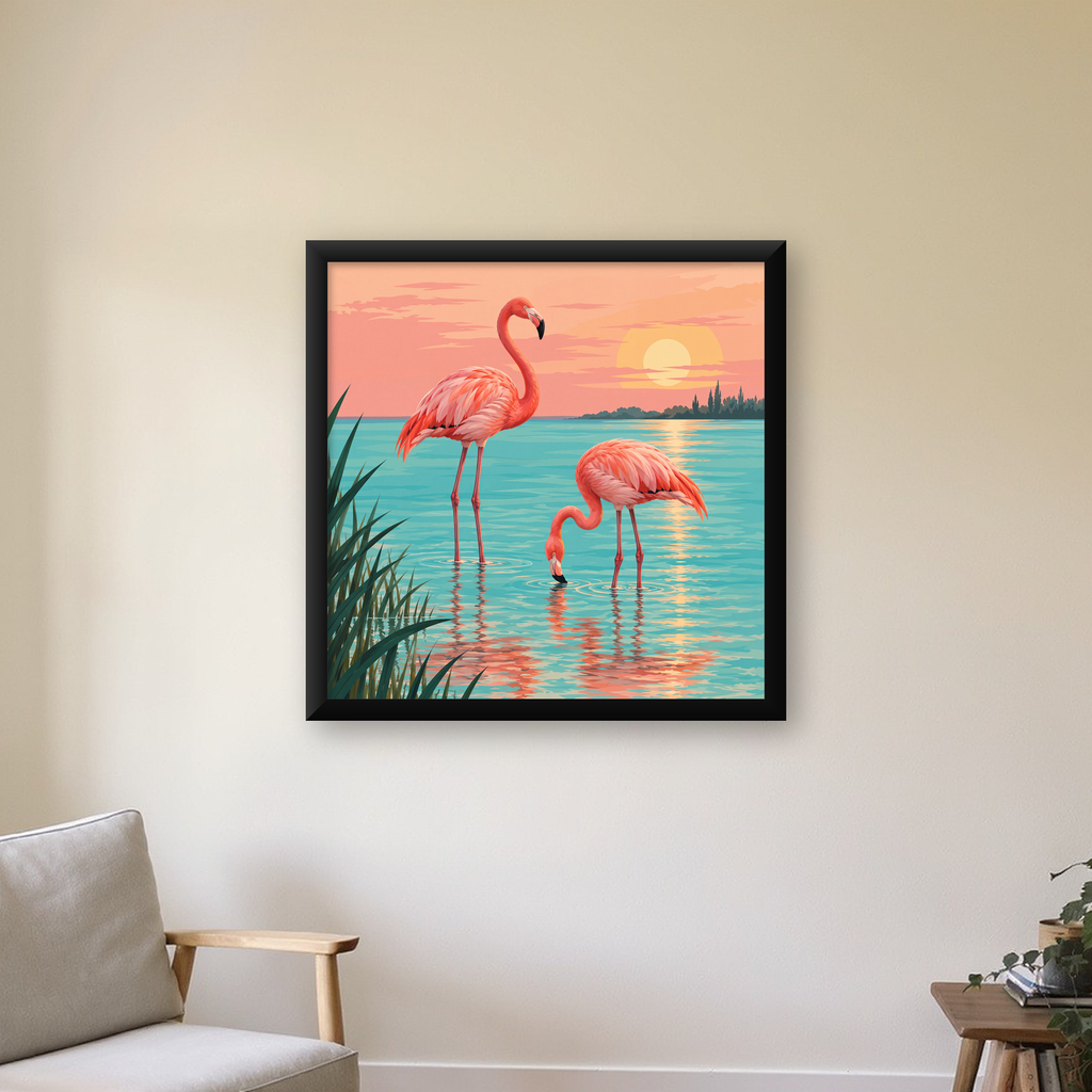 Gün Batımında Flamingolar Manzara Poster, Modern Duvar Decor — Kare baskı, çerçeveli hâliyle bir ev duvarında