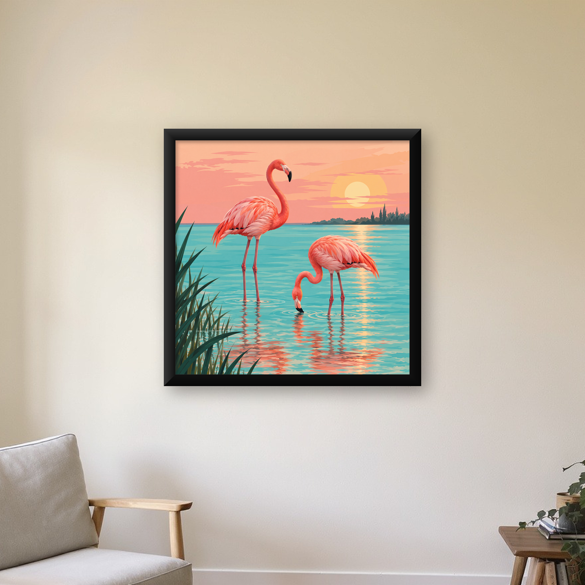 Gün Batımında Flamingolar Manzara Poster, Modern Duvar Decor — Kare baskı, çerçeveli hâliyle bir ev duvarında