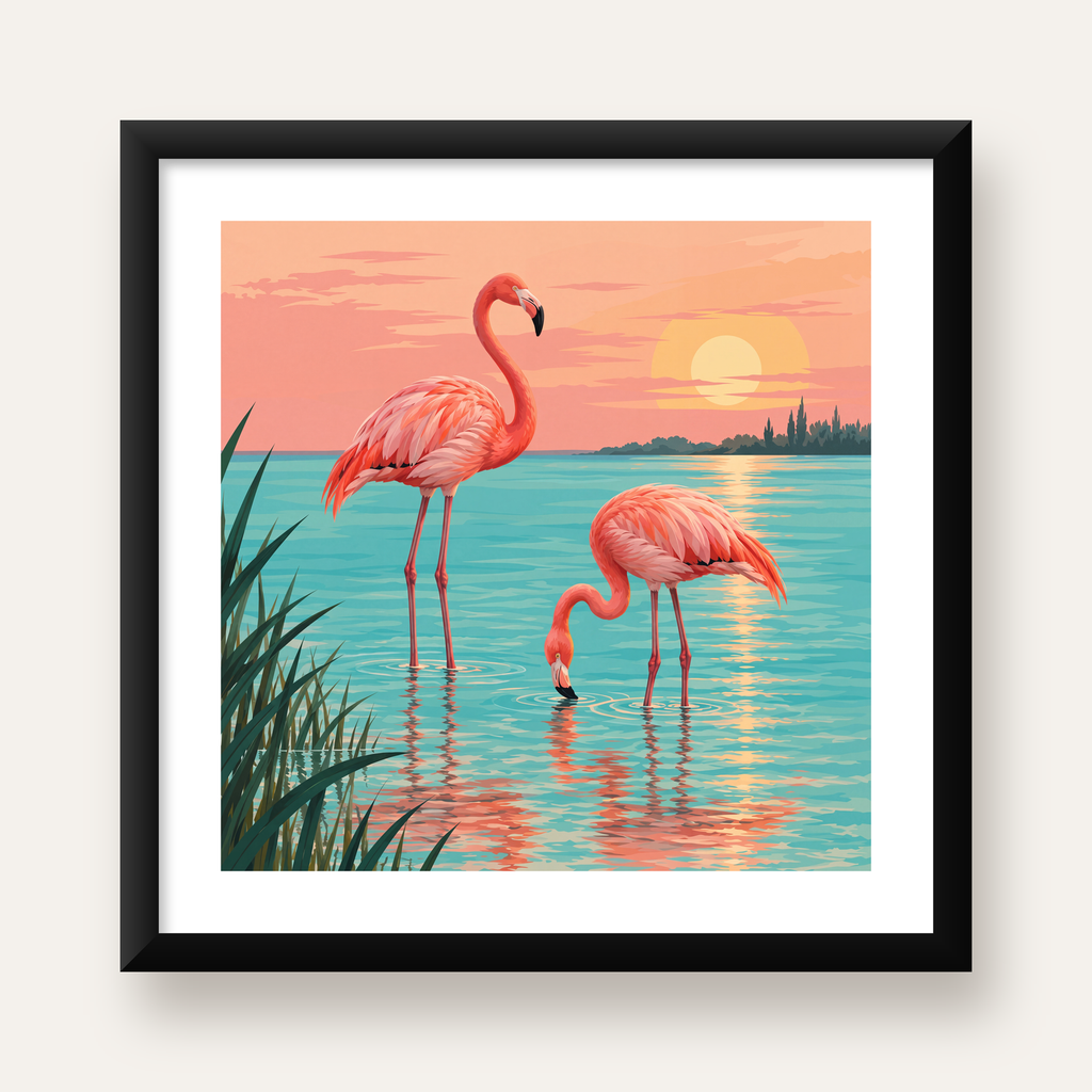 Gün Batımında Flamingolar Manzara Poster, Modern Duvar Decor — Kare baskı, beyaz paspartulu
