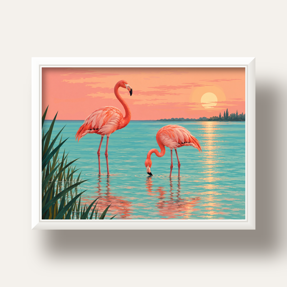Gün Batımında Flamingolar Manzara Poster, Modern Duvar Decor — beyaz derin çerçeveli
