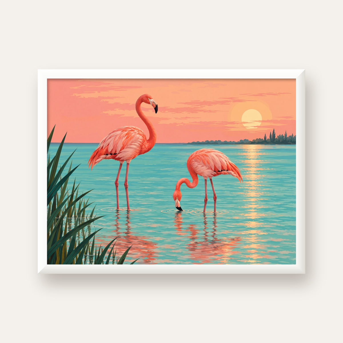 Gün Batımında Flamingolar Manzara Poster, Modern Duvar Decor — beyaz çerçeveli yatay poster