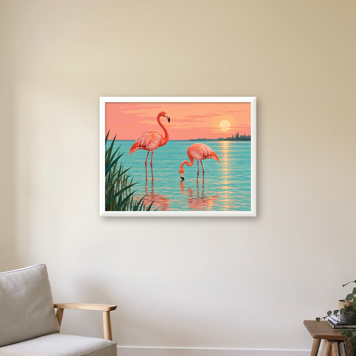 Gün Batımında Flamingolar Manzara Poster, Modern Duvar Decor — beyaz çerçeveli yatay poster