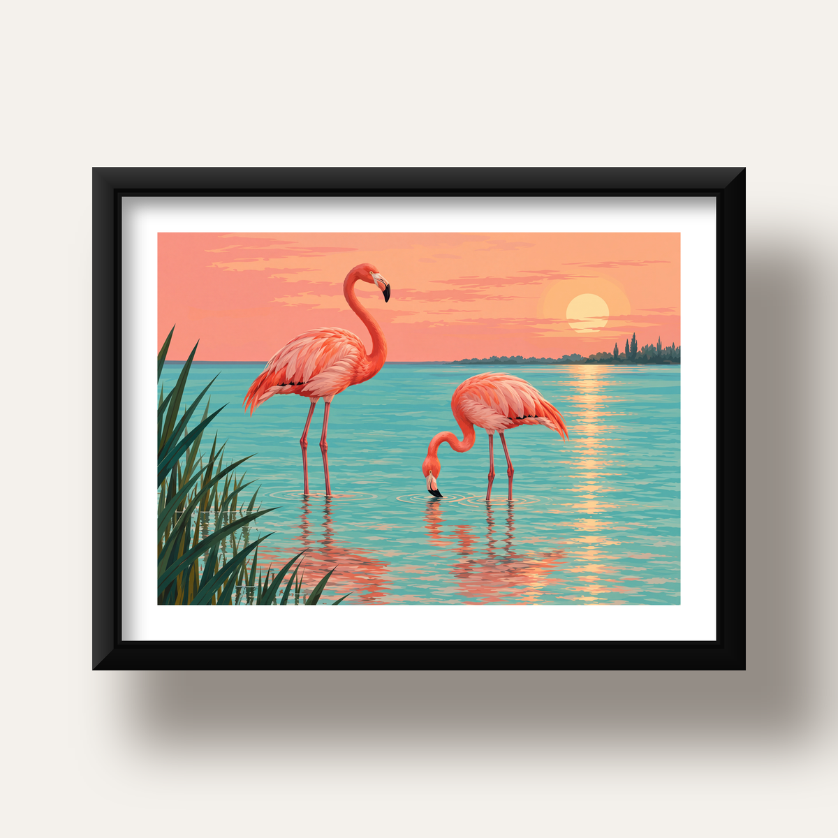 Gün Batımında Flamingolar Manzara Poster, Modern Duvar Decor — siyah derin çerçeveli paspartulu