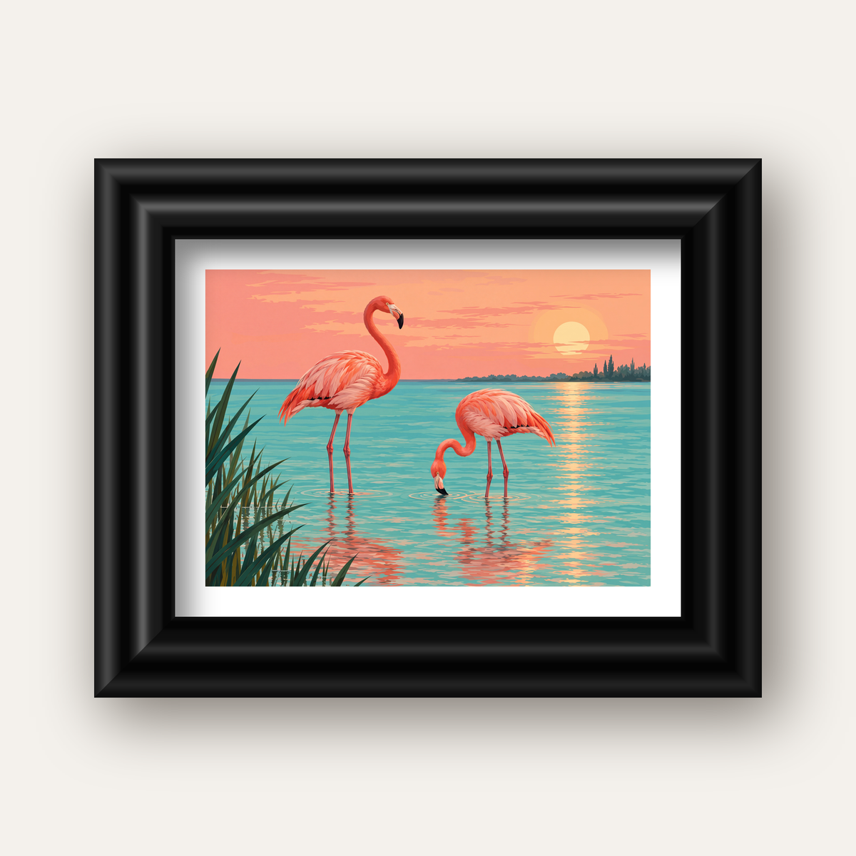 Gün Batımında Flamingolar Manzara Poster, Modern Duvar Decor — siyah galeri çerçeveli paspartulu