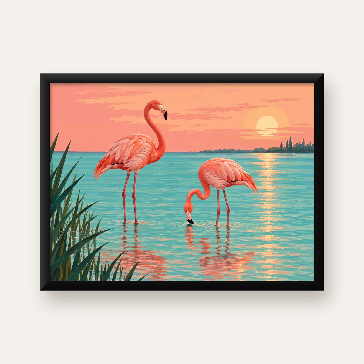 Gün Batımında Flamingolar Manzara Poster, Modern Duvar Decor — Yatay baskı, düz siyah çerçeveli duvar posteri
