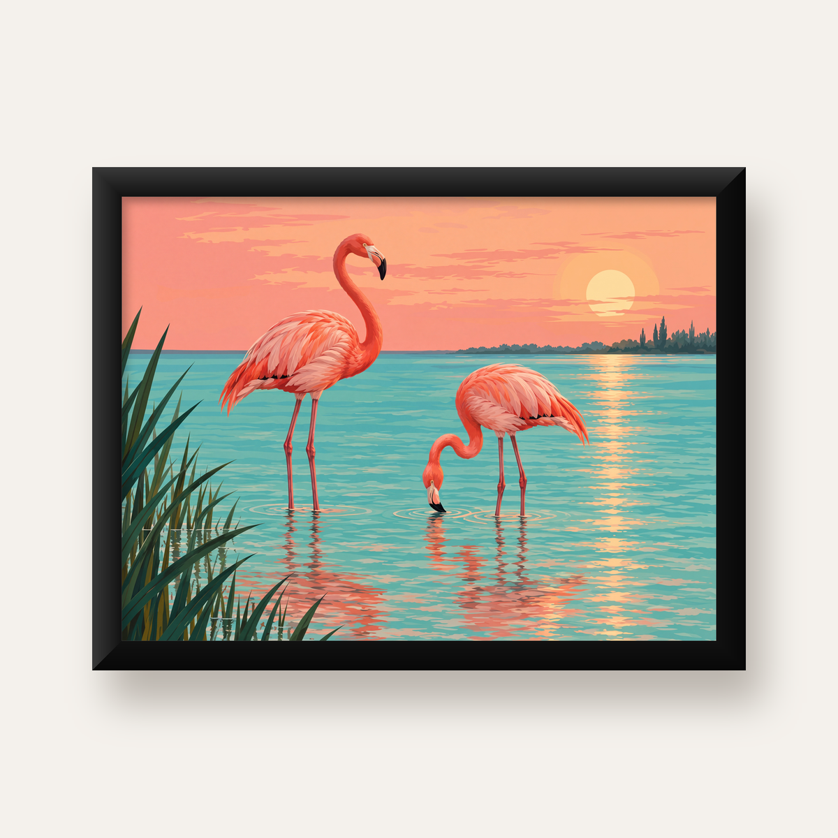 Gün Batımında Flamingolar Manzara Poster, Modern Duvar Decor — Yatay baskı, düz siyah çerçeveli duvar posteri
