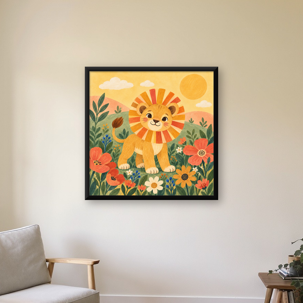 Çiçekler Arasında Sevimli Yavru Aslan Pastel Poster — Kare baskı, çerçeveli hâliyle bir ev duvarında