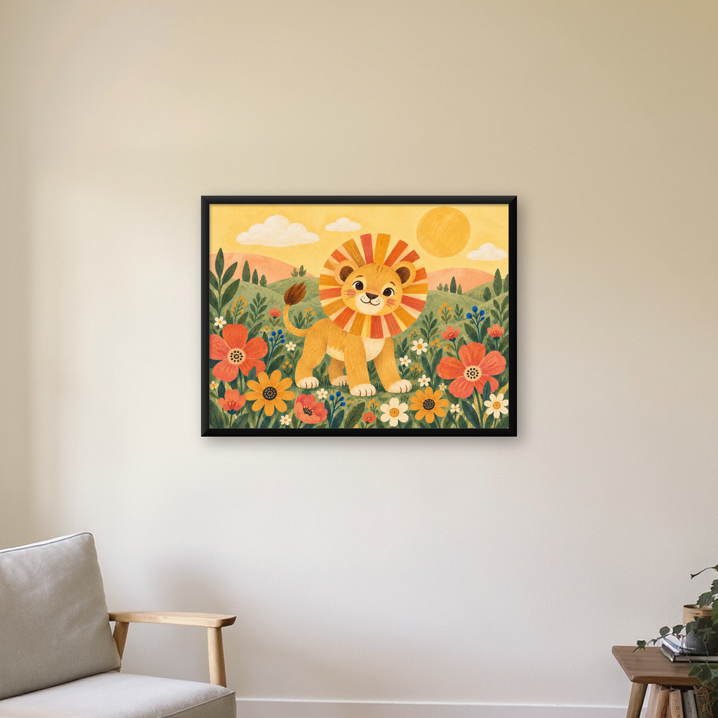 Çiçekler Arasında Sevimli Yavru Aslan Pastel Poster — Yatay baskı, çerçeveli hâliyle bir ev duvarında