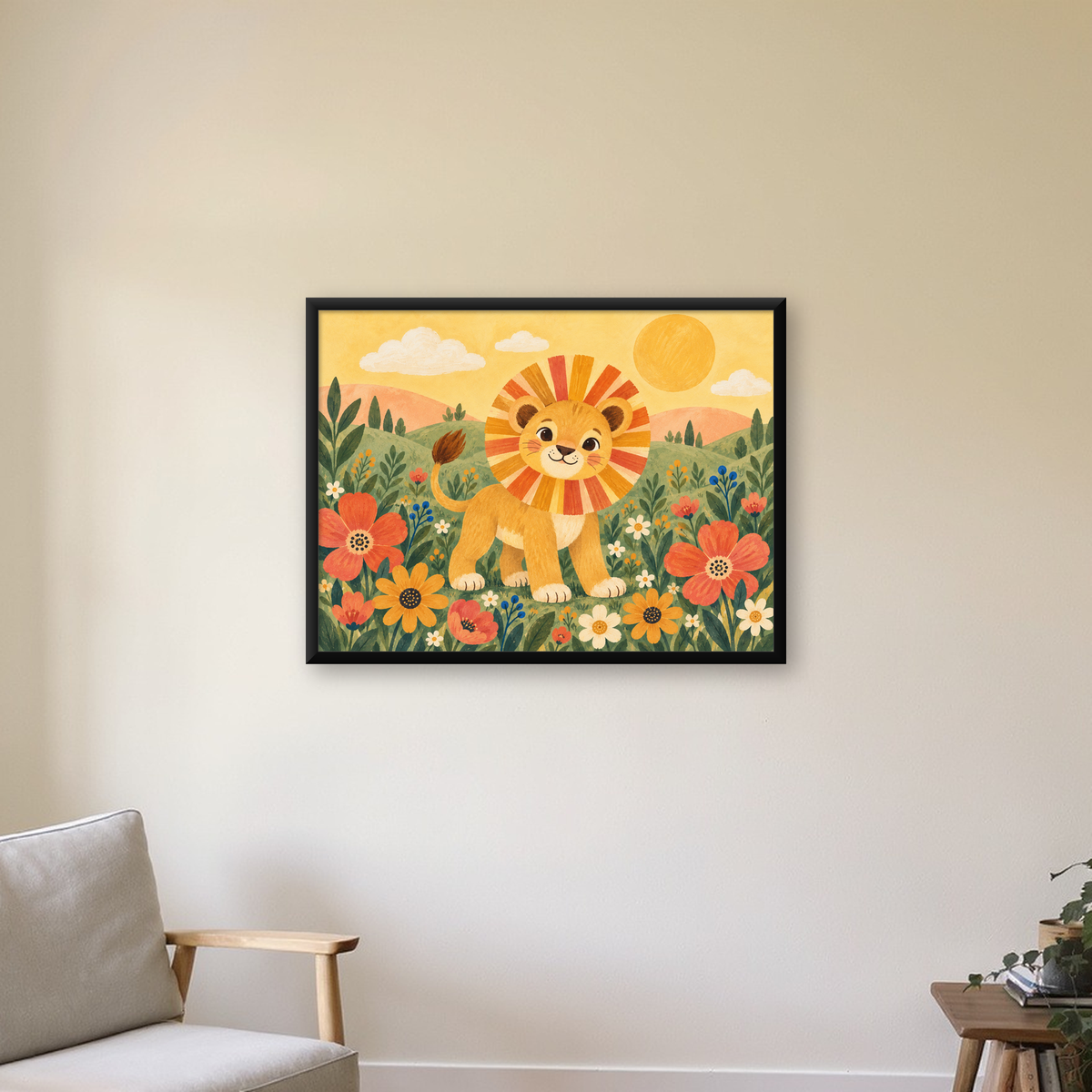 Çiçekler Arasında Sevimli Yavru Aslan Pastel Poster — Yatay baskı, çerçeveli hâliyle bir ev duvarında