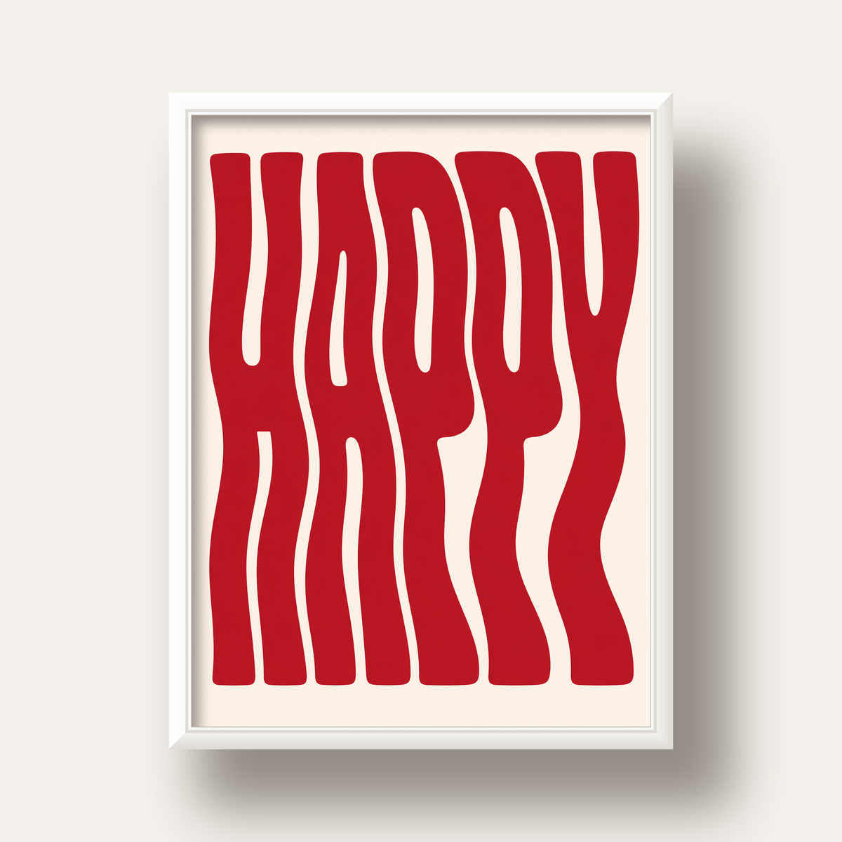 Kırmızı Dalgalı 'HAPPY' Yazılı Minimal Dijital Poster — beyaz derin çerçeveli