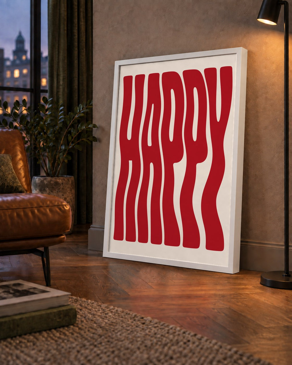 Kırmızı Dalgalı 'HAPPY' Yazılı Minimal Dijital Poster — çerçeveli hâliyle bir ev duvarında