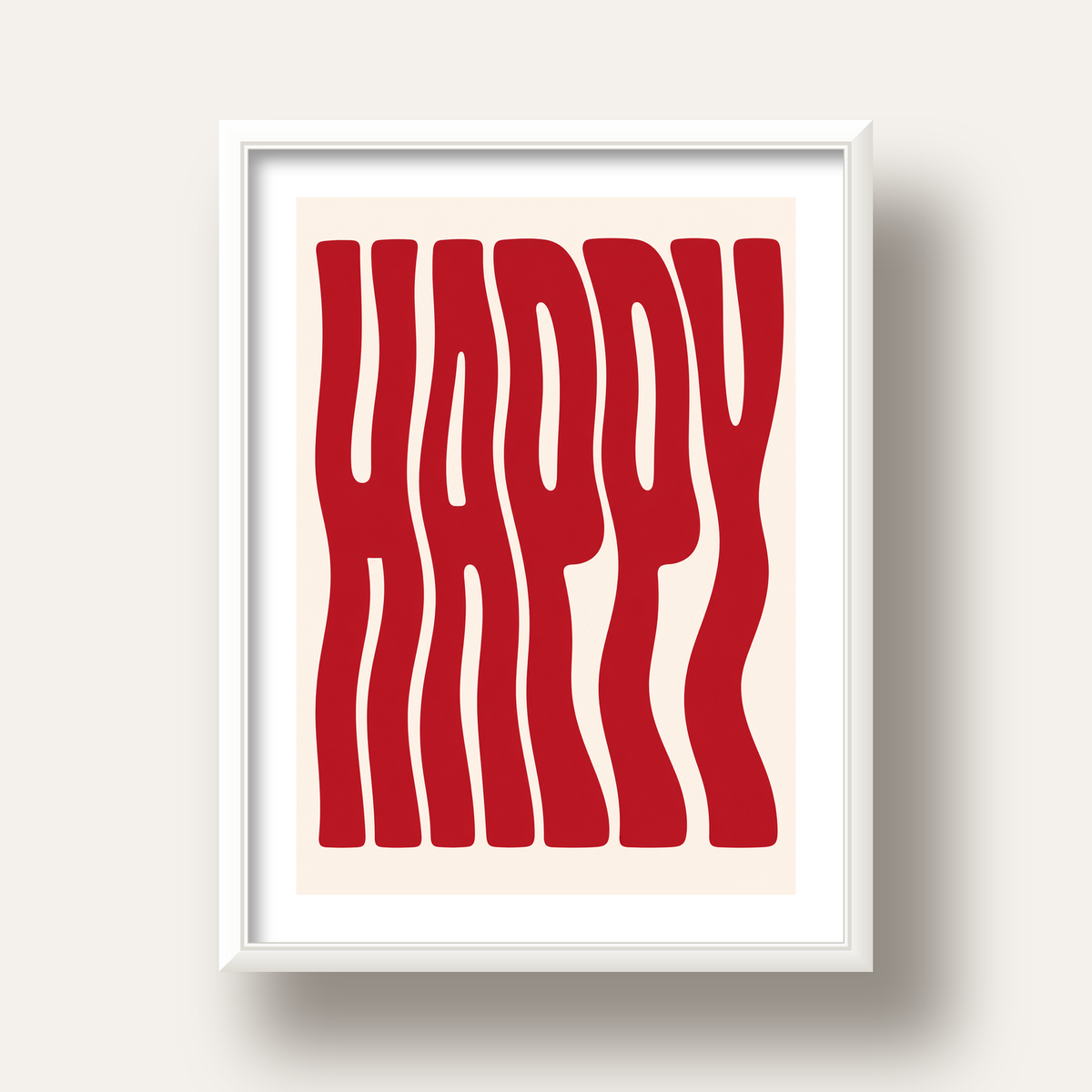 Kırmızı Dalgalı 'HAPPY' Yazılı Minimal Dijital Poster — beyaz derin çerçeveli paspartulu