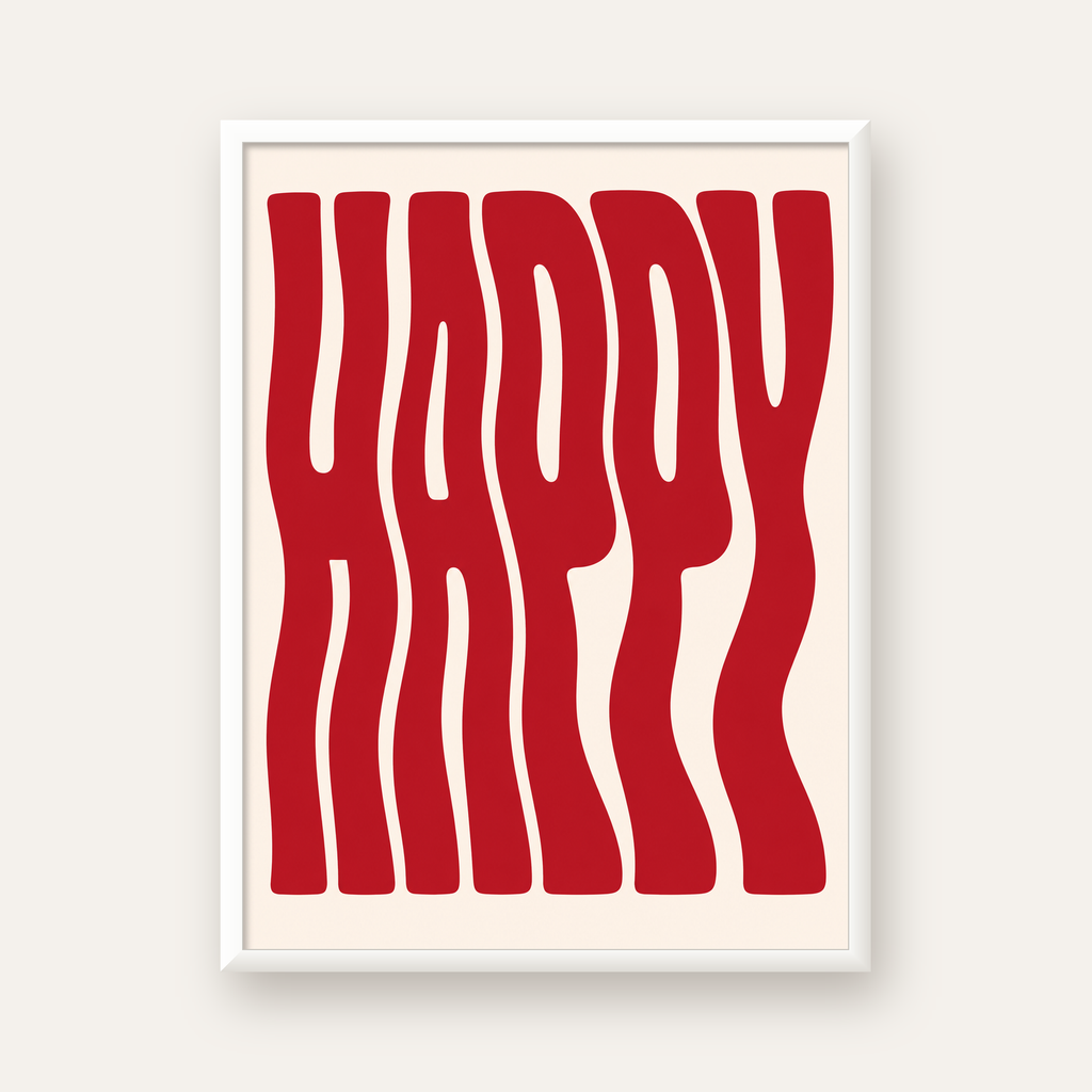 Kırmızı Dalgalı 'HAPPY' Yazılı Minimal Dijital Poster — beyaz çerçeveli dikey poster