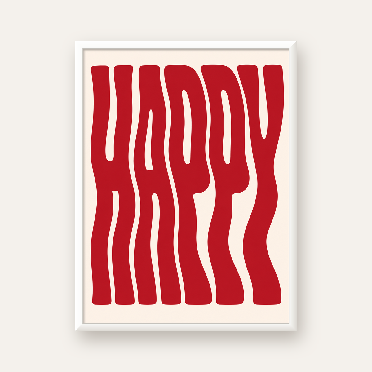 Kırmızı Dalgalı 'HAPPY' Yazılı Minimal Dijital Poster — beyaz çerçeveli dikey poster