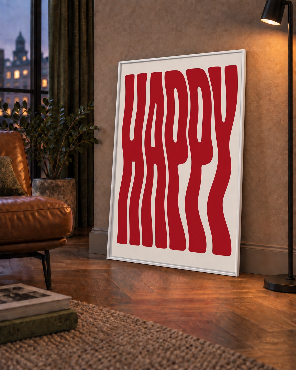 Kırmızı Dalgalı 'HAPPY' Yazılı Minimal Dijital Poster — çerçeveli hâliyle bir ev duvarında