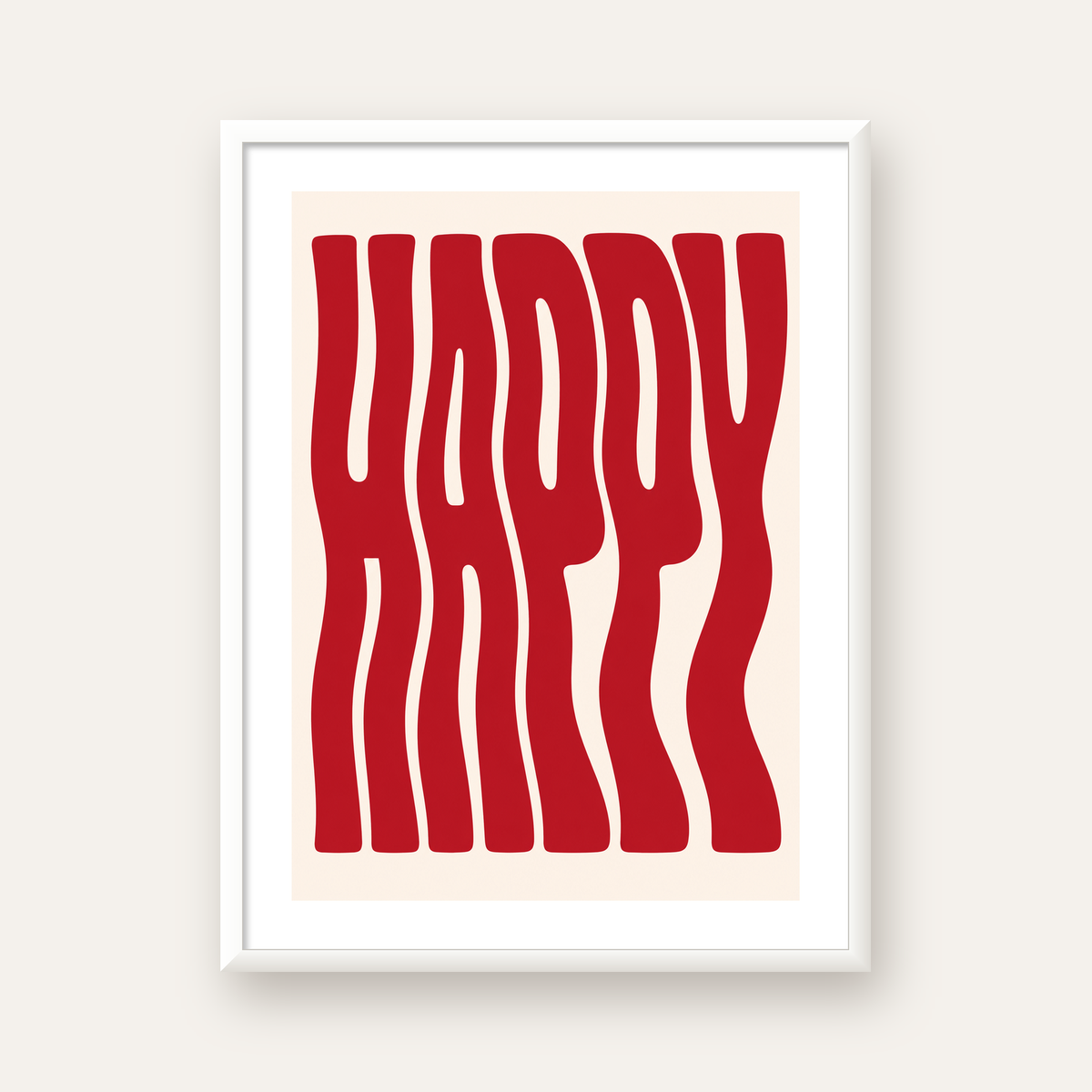 Kırmızı Dalgalı 'HAPPY' Yazılı Minimal Dijital Poster — beyaz çerçeveli dikey poster
