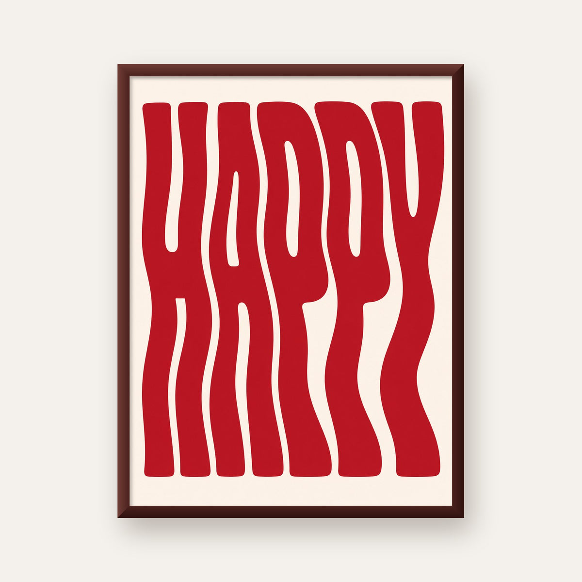 Kırmızı Dalgalı 'HAPPY' Yazılı Minimal Dijital Poster — ceviz çerçeveli