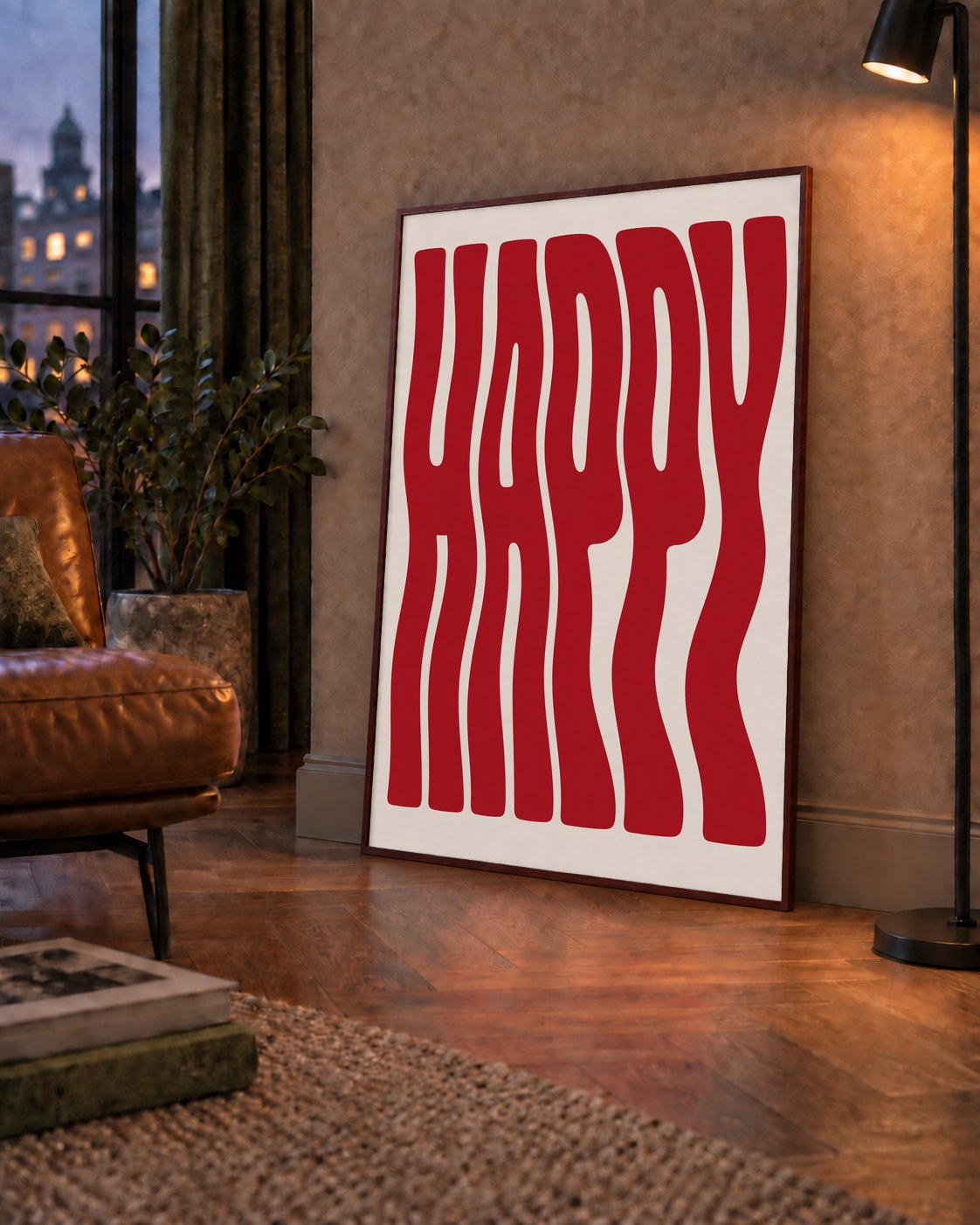 Kırmızı Dalgalı 'HAPPY' Yazılı Minimal Dijital Poster — çerçeveli hâliyle bir ev duvarında