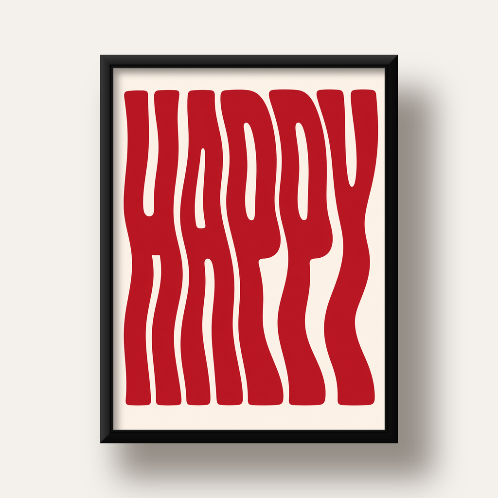 Kırmızı Dalgalı 'HAPPY' Yazılı Minimal Dijital Poster — siyah derin çerçeveli