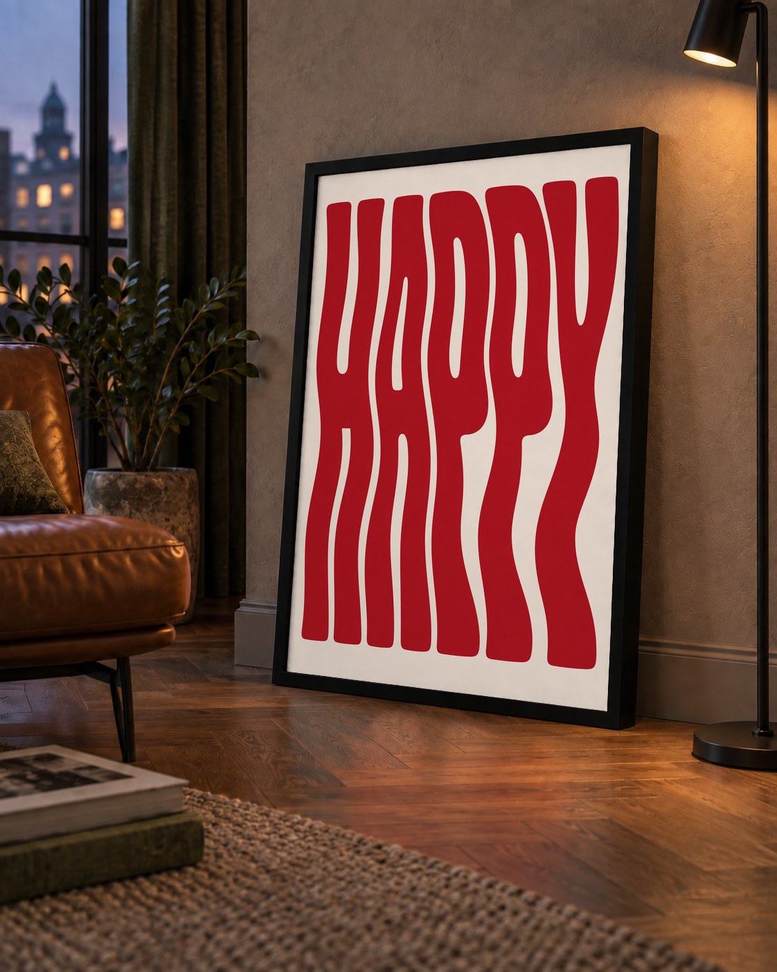 Kırmızı Dalgalı 'HAPPY' Yazılı Minimal Dijital Poster — çerçeveli hâliyle bir ev duvarında