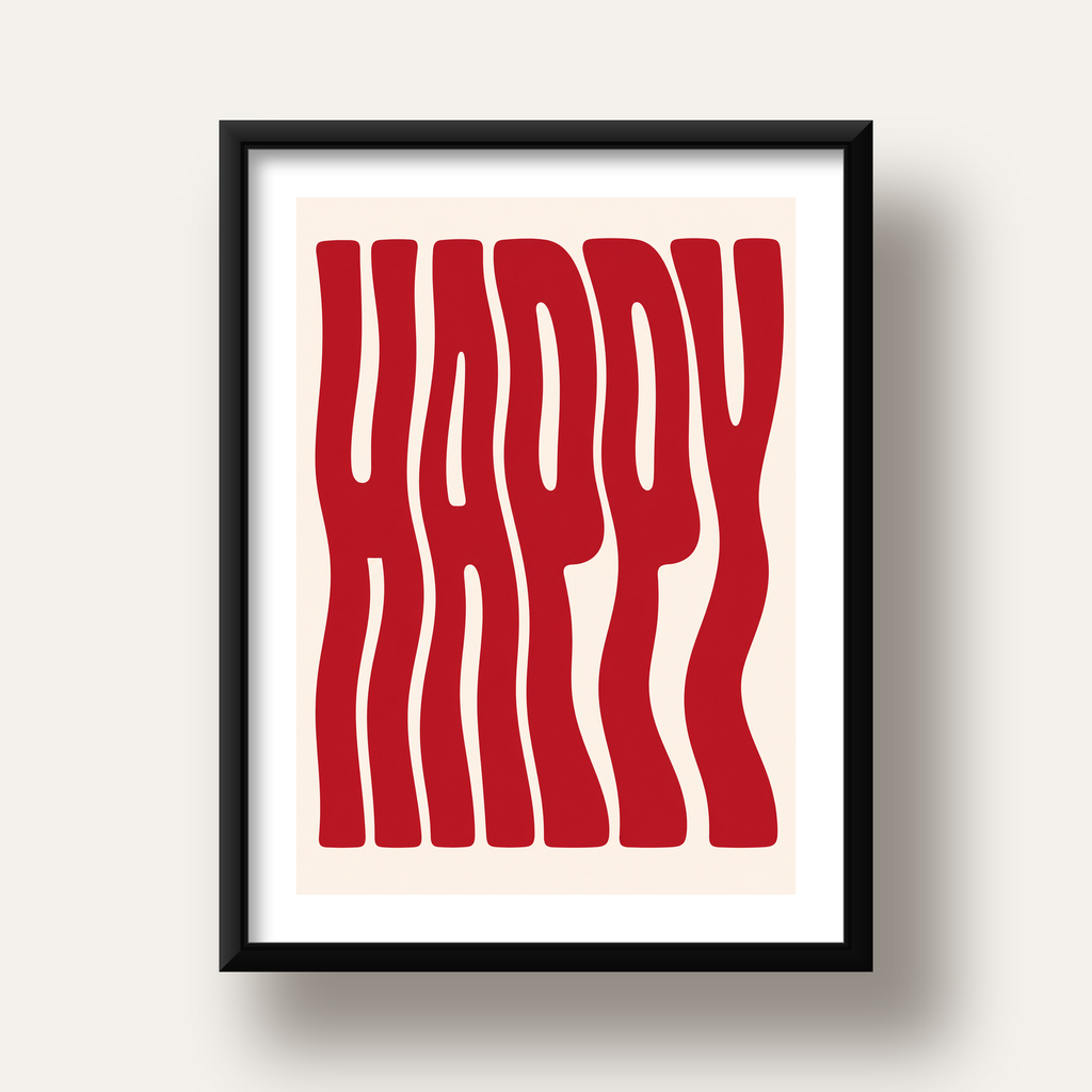 Kırmızı Dalgalı 'HAPPY' Yazılı Minimal Dijital Poster — siyah derin çerçeveli paspartulu