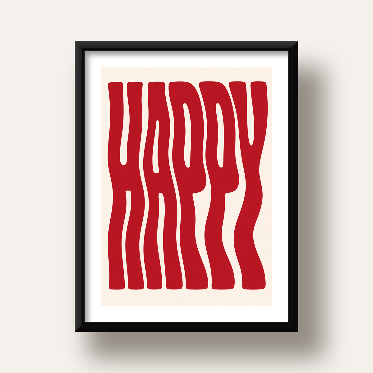 Kırmızı Dalgalı 'HAPPY' Yazılı Minimal Dijital Poster — siyah derin çerçeveli paspartulu
