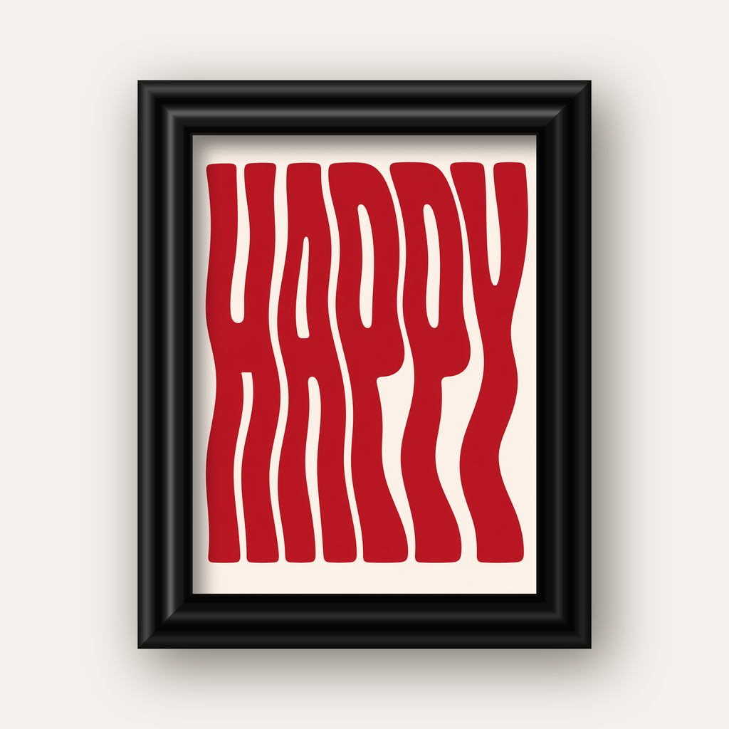 Kırmızı Dalgalı 'HAPPY' Yazılı Minimal Dijital Poster — siyah galeri çerçeveli